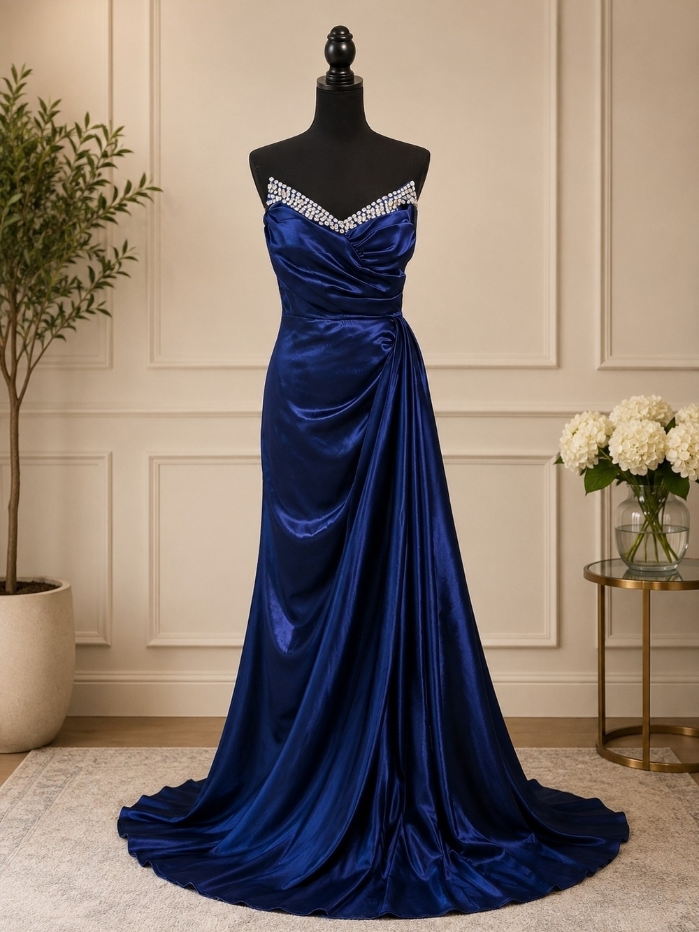 Beaded Off-Shoulder Satin Prom Gown - Deep Blue